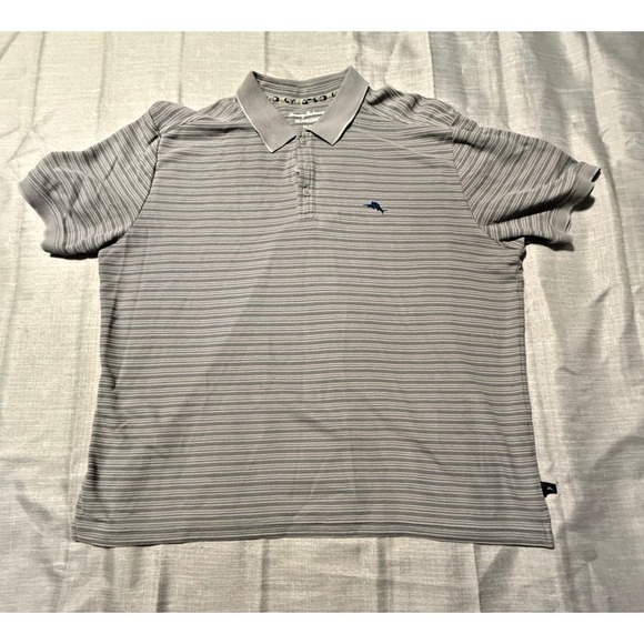 Tommy Bahama Polo Shirt Mens XL Island Zone Dolphin Logo Golf Casual grey Stripe - Picture 1 of 10